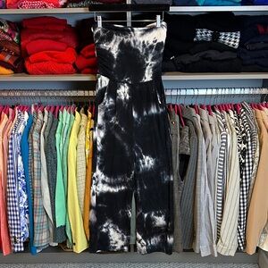 Antistar black/white strapless 2 pocket cropped tie dye jumpsuit size S